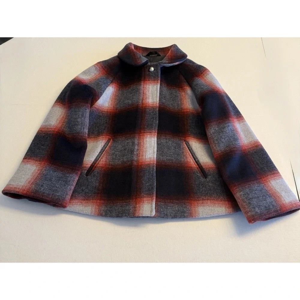 Gap Kids Plaid Pea Coat Girls Large Blue Red Wool Blend‎ Cape Jacket